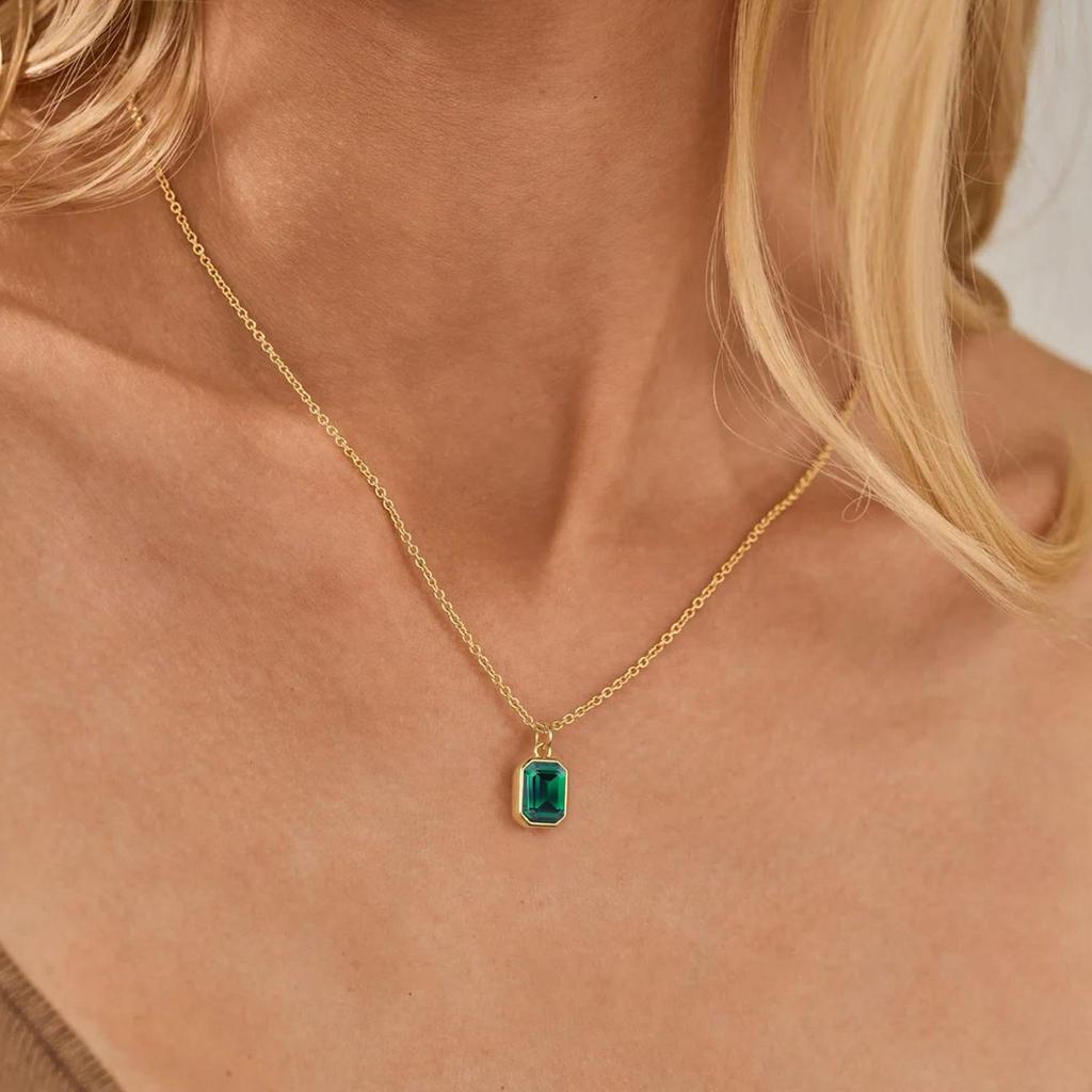 December Birthstone Double Layer Necklace: 18K Gold-Plated Rectangle Pendant