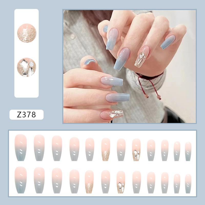 Artificial Nails Wearable Nails Long Nail Pieces Gradient Color Ice Mint Diamond Style Shiny Nail Pieces High-grade Diamond Fake Nails
