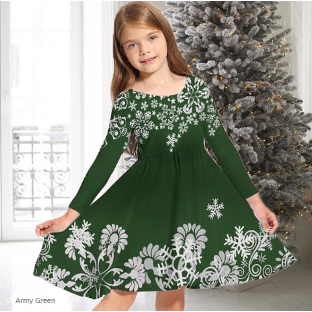 Girl Casual 3D Snowflake Print Round Neck Long Sleeve Dress Kid Princess Dress