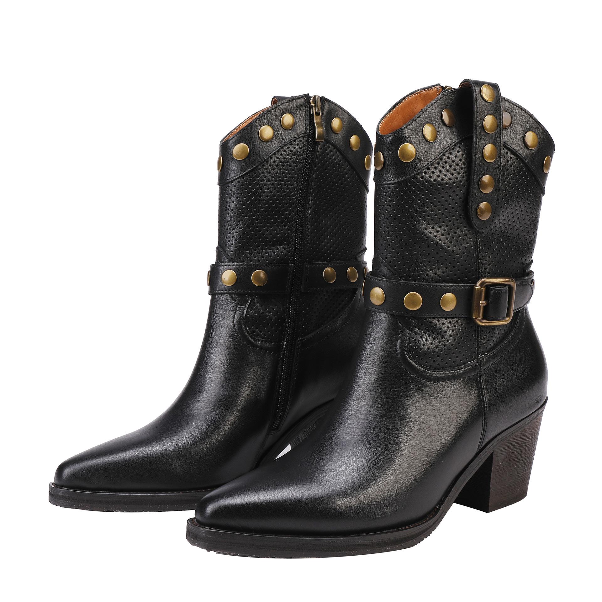 

Johnature Genuine Leather Western Cowboy Boots High Heels Riveted Pointed Toe Mid-calf Boots 40 чёрный