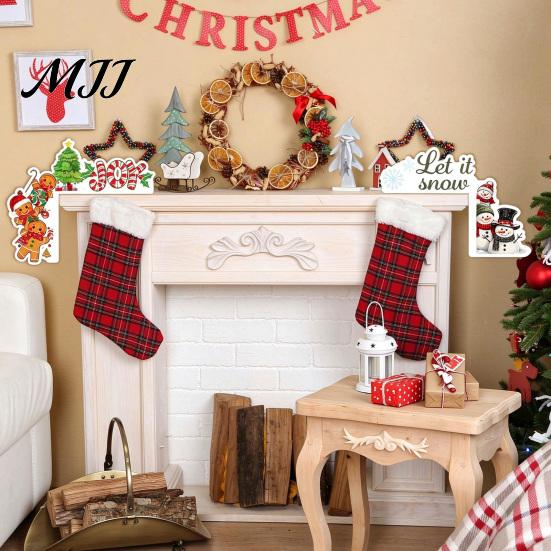 Christmas Home Interior Decor Door Corner Topper, Wooden Sign with Santa Claus Snowman And Gingerbread Decorative Plaque Man Prints, Easy Installation