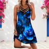 Women Plus Size Criss Cross Neck Strappy Sleeveless Blue Floral Printed Curved Hem Dress