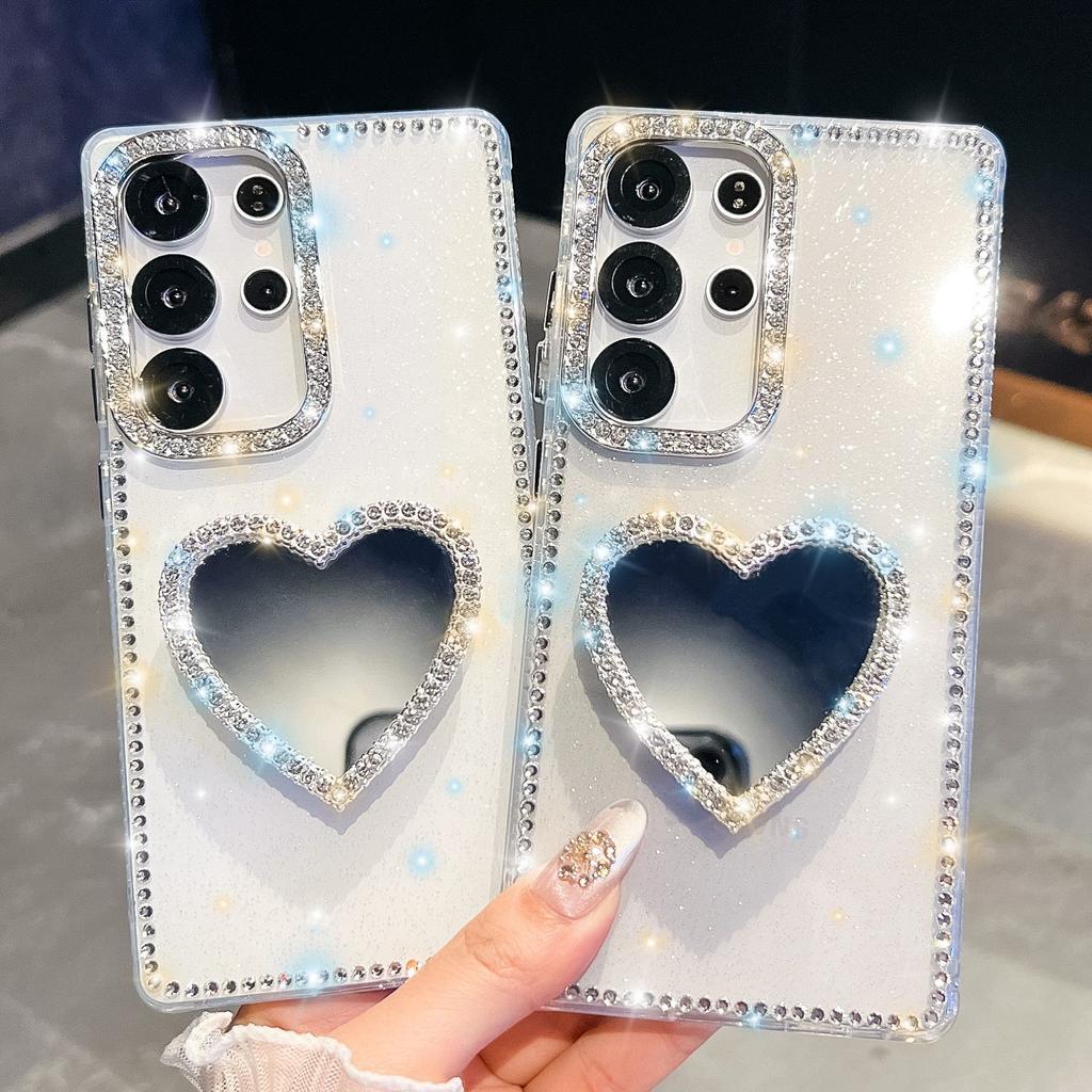 A37 Love Mirror Holder Suitable for Samsung S26Ultra Mobile Phone Case Flash Diamond S25 Flash Powder A56 Jacket
