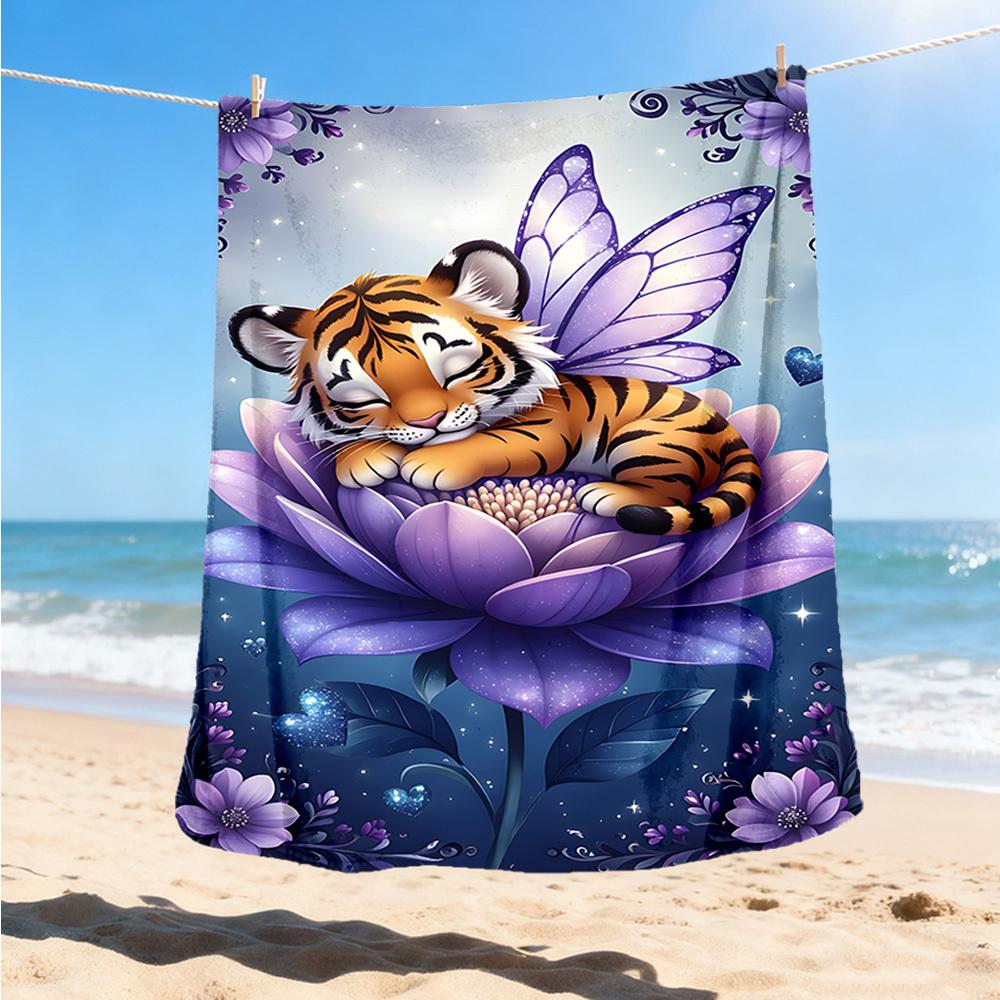 1pc Tiger Fairy Flower Throw Blanket Polyester Fiber, Lightweight Flannel, Soft & Warm, All Season Use for Outdoor, Camping Digital Print
