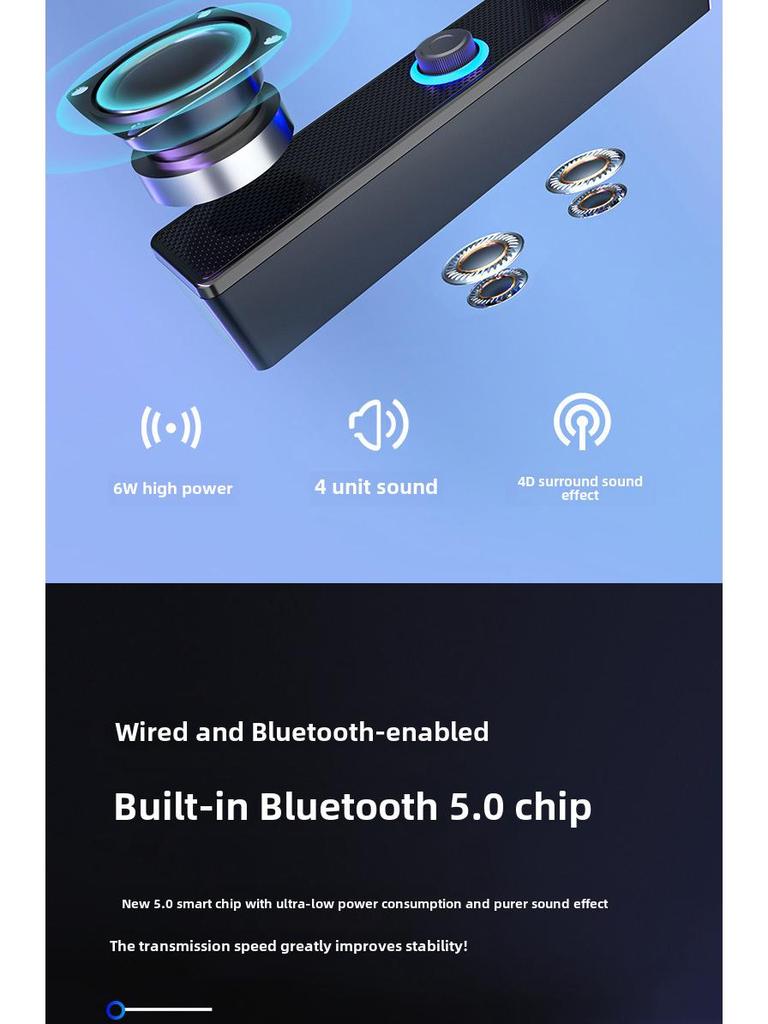 Compact Desktop Bluetooth Speaker with Wired Mic, Surround Sound, and Heavy Bass for Gaming