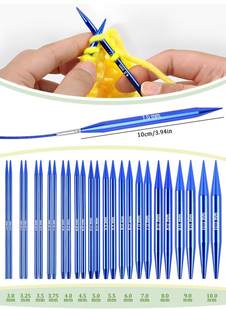 Blue Detachable Circular & Straight Knitting Needle Set with Replaceable Yarn Needles and Rope