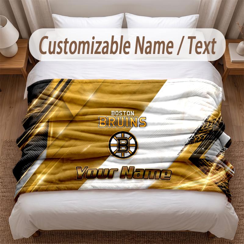 Boston Bruins Printed Flannel Blanket Custom Name Text Soft Warm Throw For Bedroom Holiday Gift
