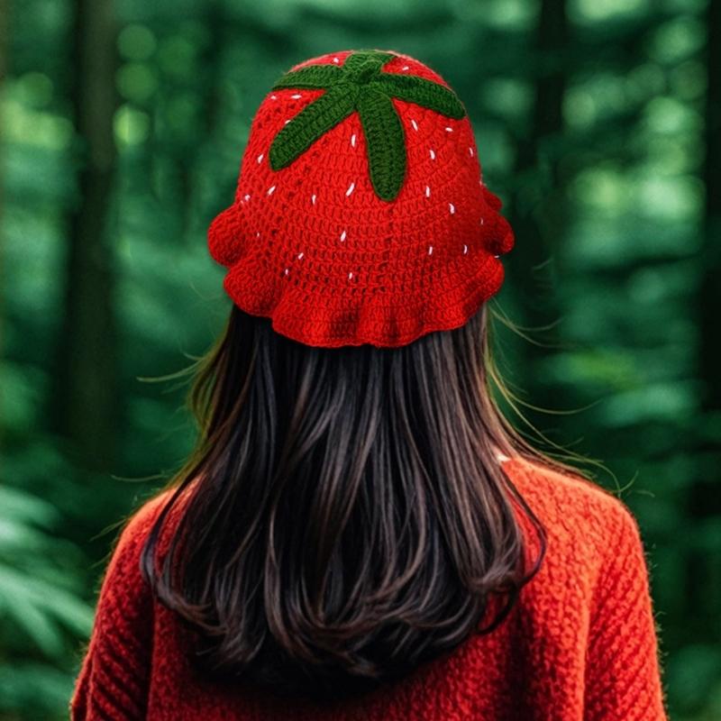 Handmade Strawberry Hat Handwoven Strawberry Openwork Crocheted Hat for Music Festival Stylish Strawberry Fisherman Hat