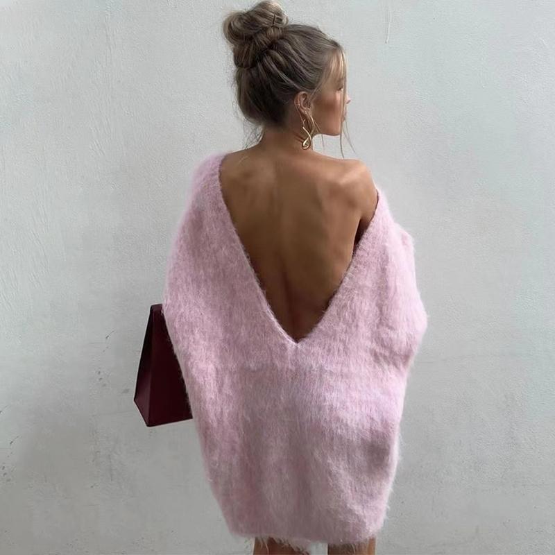 Generisch Automne/Hiver 2024 Femme Ligne U Dos Nu Sexy Mince Couleur Unie Bootcut Manches Longues Tricoté Robe Pull à Manches Longues, Beige, S