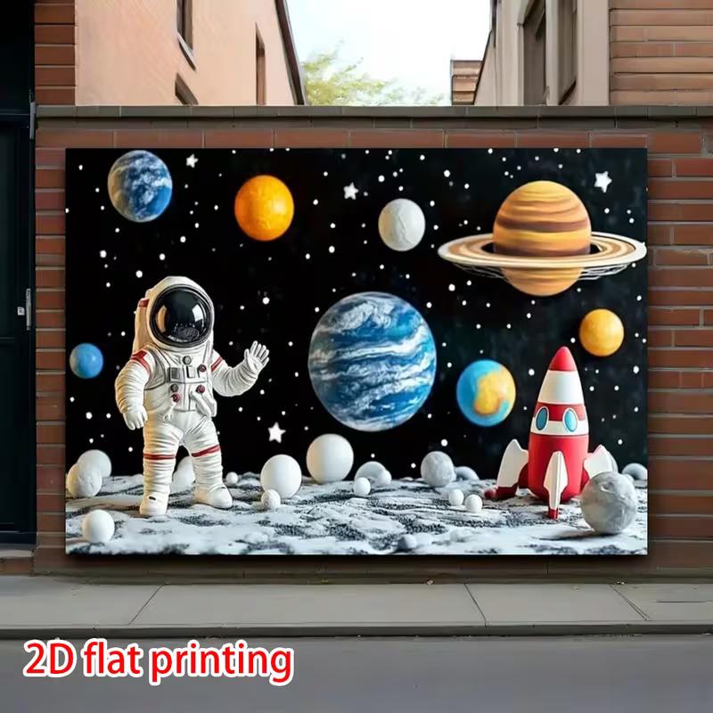 2D Outer Space Planets Astronaut Backdrop, Galaxy Theme Kids Birthday Party Photo Booth Banner