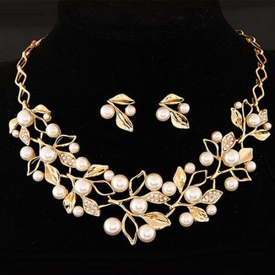 Elegant Bridal Faux Pearl Leaves Choker Necklace Stud Earrings Jewelry Set