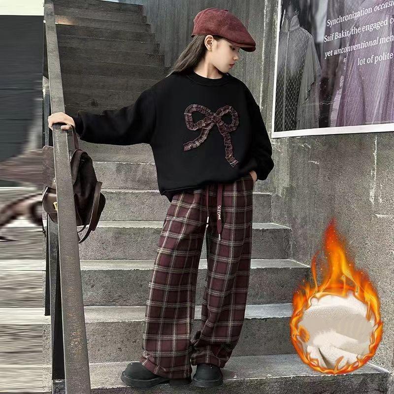 

Девочки Осенне-зимние костюмы, Большие детские Плюс бархат Утолщенные Западный стиль Клетчатые брюки, Девочки Двойка Тренд 150 чёрный