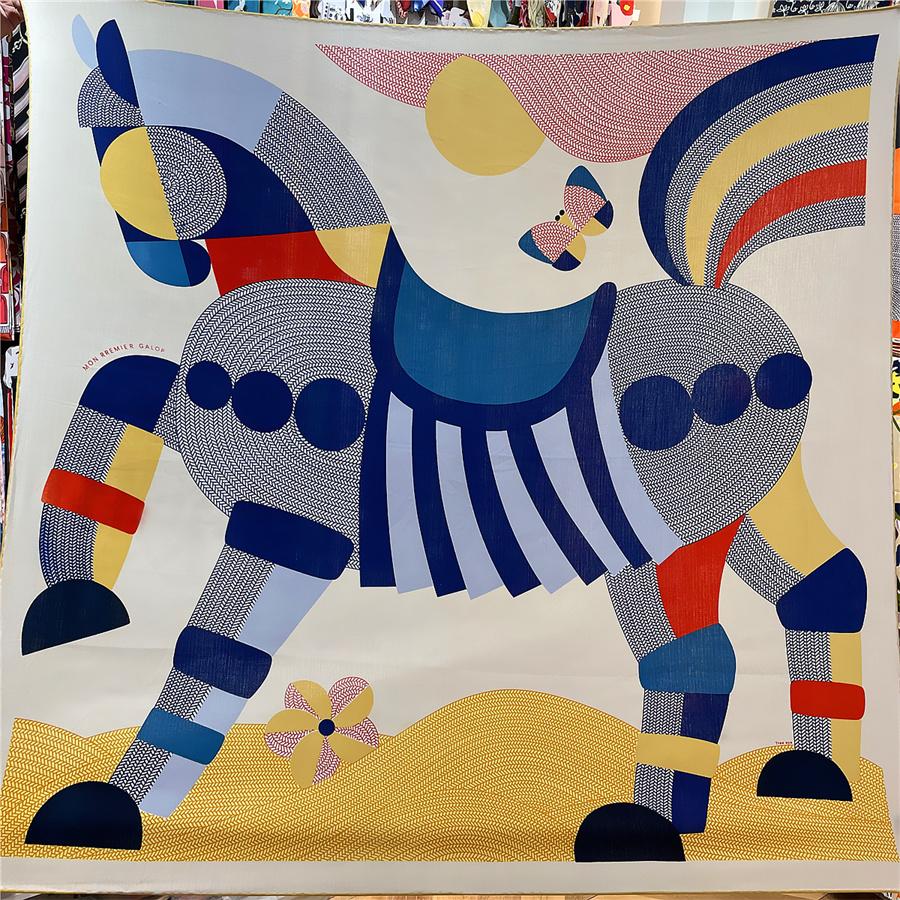 POBING Silk Cashmere Scarf Women Hand Rolled Horse Print Square Scarves Wraps Bandana Big Hijabs Female Foulard 135CM