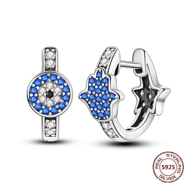 Shining Blue Zircon Owl Earrings 925 Silver Evil Eyes Earrings for Women Wedding Engagement Planet Moon Star Zirconia Jewelry