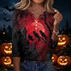 Women's Casual Halloween Print V-Neck Button Three-Quarter Sleeve T-Shirt