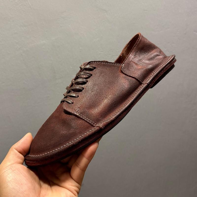 Mens Handcrafted Vintage Loafer Shoes With Suede Finish Genuine Horsehide Upper Round Toe Lace-Up Low Heel Leather Sole
