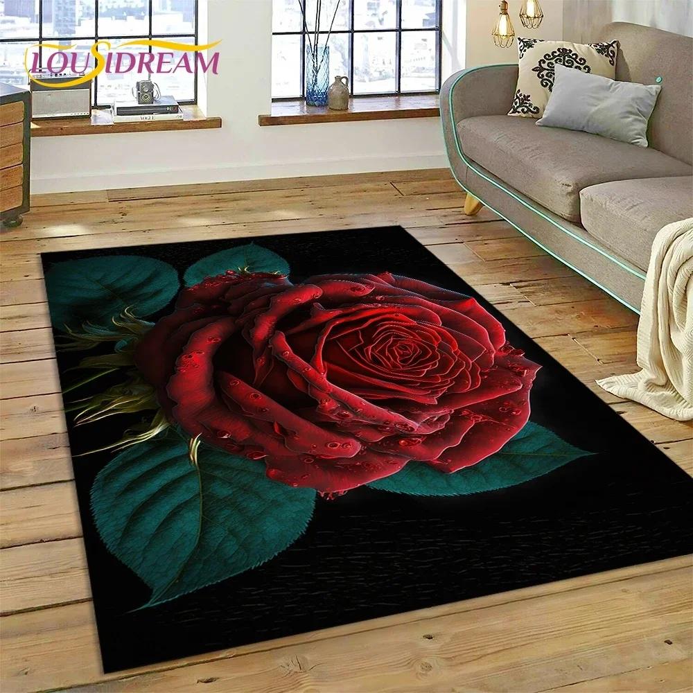 Rose Flowers Nordic Love Romantic Carpet Rug for Bedroom Living Room Home Sofa Decoration,Children Game Large Decor Floor Mat