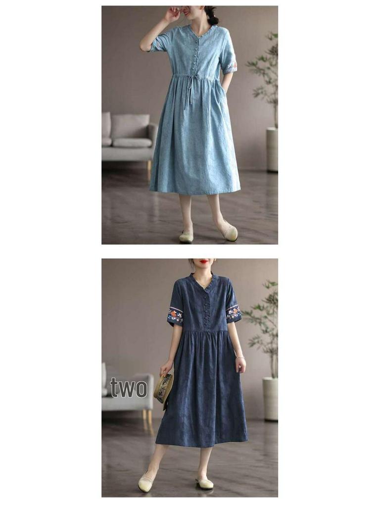 Damska Artystyczna Retro Sukienka z Krótkim Rękawem, Średniej Długości, z Haftowanego Bawełnianego i Lnianego Żakardu, ze Sznurkiem w Talii