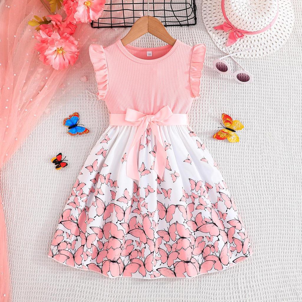 Girls' Sleeveless Butterfly Print Dress & Belt Set