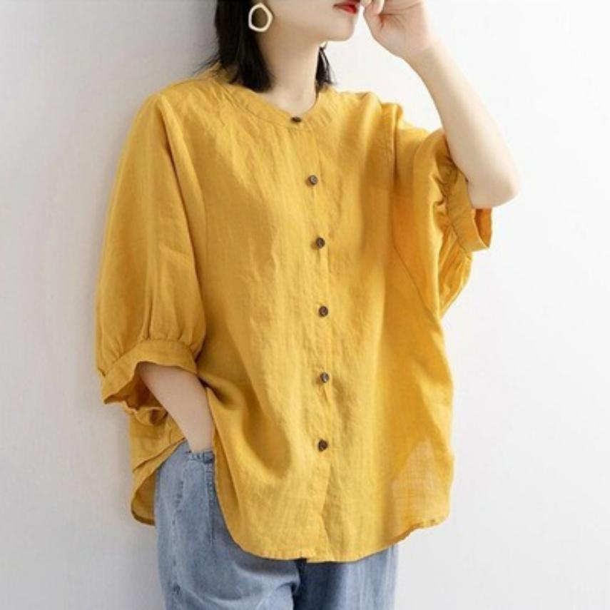 Spring and Summer Cotton and Linen Shirt Women's Lantern Sleeve Retro Literary Blouse Large Size Loose Mid-sleeved Shirt Women