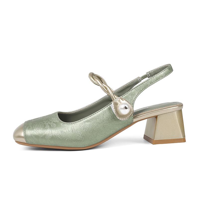 

Yuexinwang leather flat for Huizhou women s shoes heels Mary Jane shoes French summer new thick heel empty sandals 40 зелений