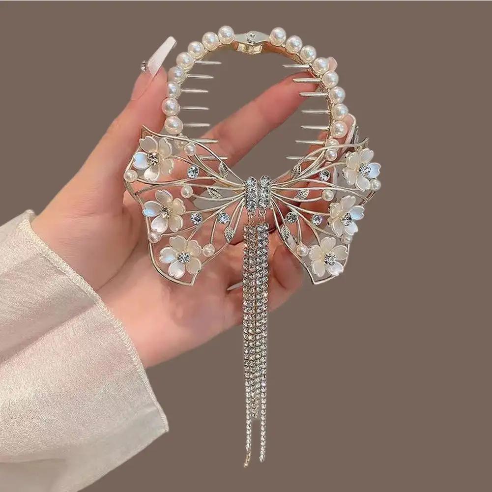 Elegant Tassel Hair Claw Rhinestone Pearl Flower Tassels Hair Clip Women Girl Ponytail Holder Hairpins Fringe Hair Accessories