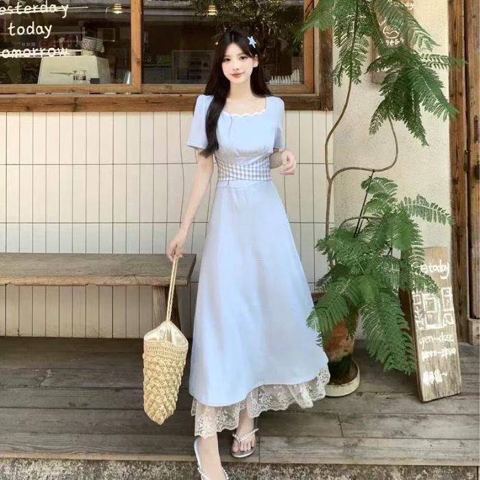 

Elegant Plus Size Plaid Square Neck Tie-Up Dress - Tummy Concealing Summer Skirt XL