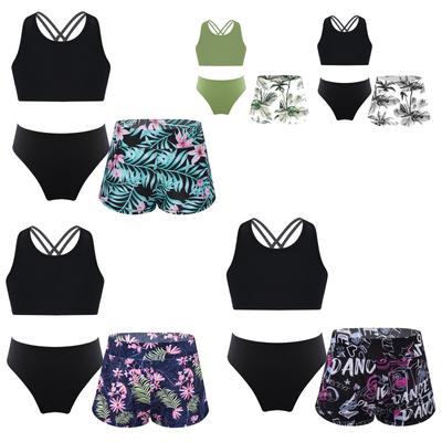 Girls Swimwear Set Sleeveless Crop Top Strappy Back Printed Shorts Briefs Beach Pool Bathing Suit Outfit
