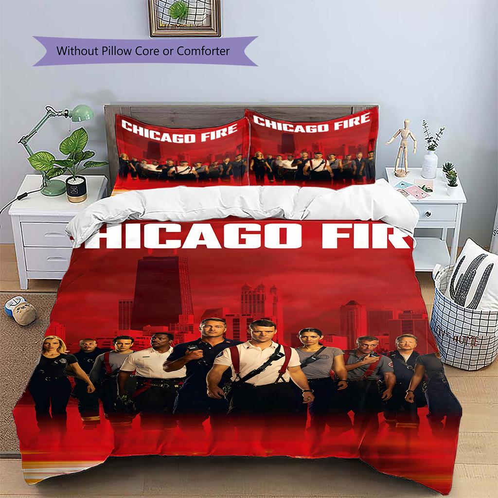 Pościel z wzorem Chicago Fire, Zestaw kołdry Poszewka na kołdrę Poszewka na poduszkę Domowy Prezent Urodzinowy (1 * poszwa na kołdrę + 2 * poszewki na poduszki, bez rdzenia)