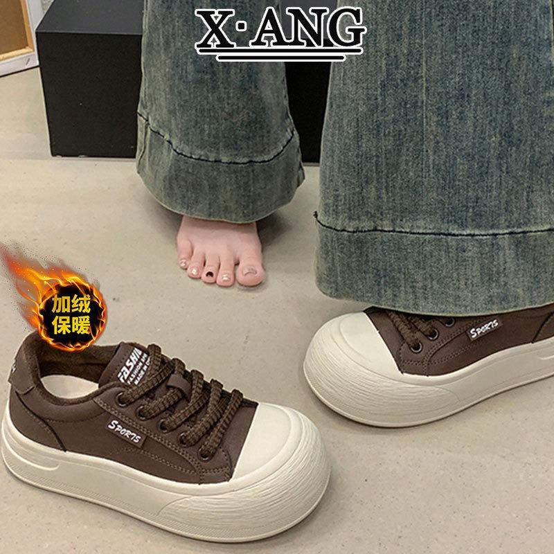 Leather board shoes women's platform white shoes new autumn and winter velvet warm two cotton shoes casual sports shoes