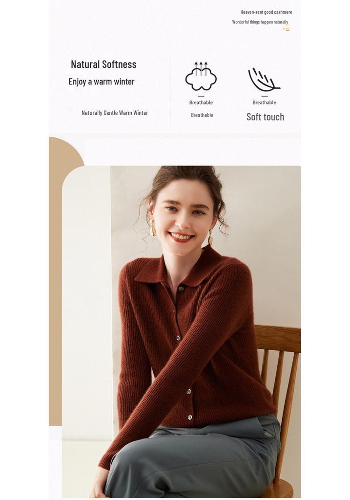 Women's Striped Polo Collar Cashmere Knit Cardigan Sweater for Autumn and Winter