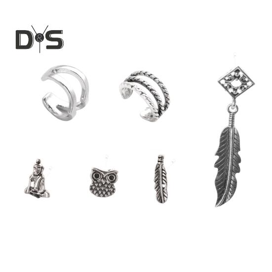 

6 шт. женские серьги набор разных форм бохо ажурные сова лист серьги манжеты ретро стиль пирсинг серьги гвоздики хрящ ушной клипса серебряный