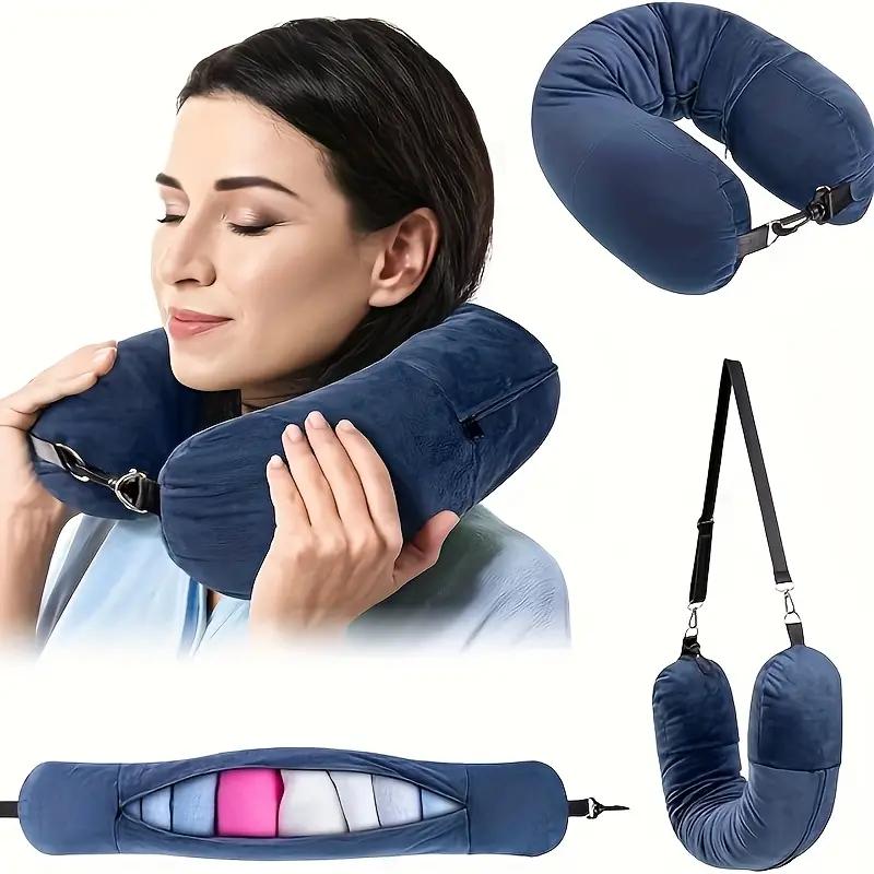 Travel Neck Pillow with Fillable Clothing U-Shaped Pillowcase, Extra Storage Bag, Soft Fleece Material Velvet Neck Pillow