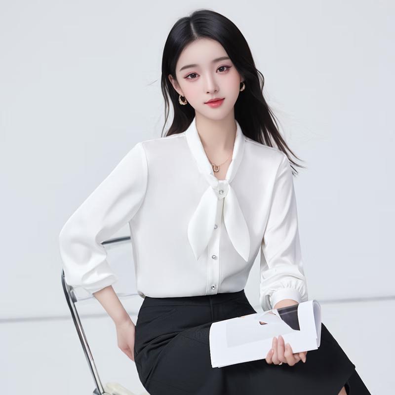 Women's Professional Chiffon Bow Tie Long Sleeve Blouse