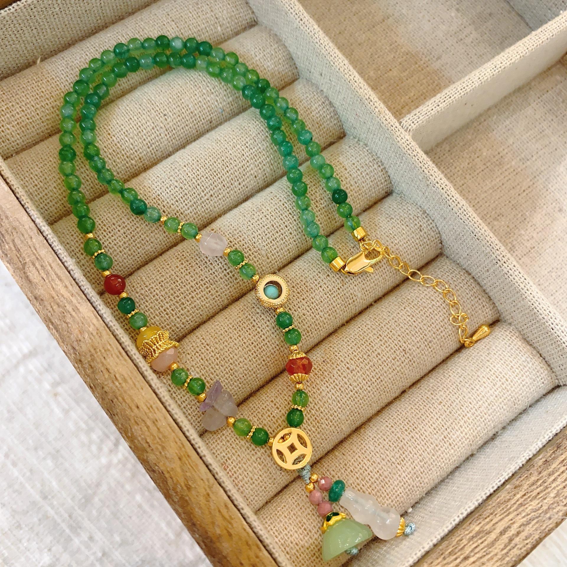 

National Style Small Fresh Blue Stone Bead String Long Necklace Ancient Style Safe Ruyi Lock Sweater Chain Cheongsam Accessories