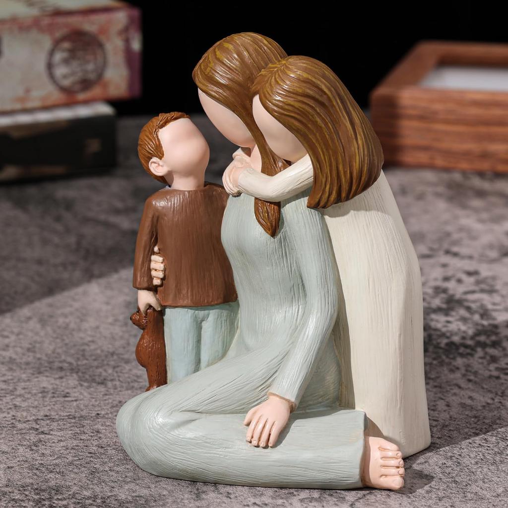 Figurki Mamy i Dzieci, Rzeźbione Ręcznie Malowane Statuetki Matki i Dwójki Dzieci, Figurki Matki Syna Córki Prezenty na Dzień Matki Rocznicę
