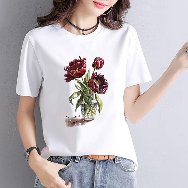 ATrendy Fashionable New Women's Commuter Instagram Summer Printed Base Layer T-shirt Short-sleeved Round Neck  polyester fabric