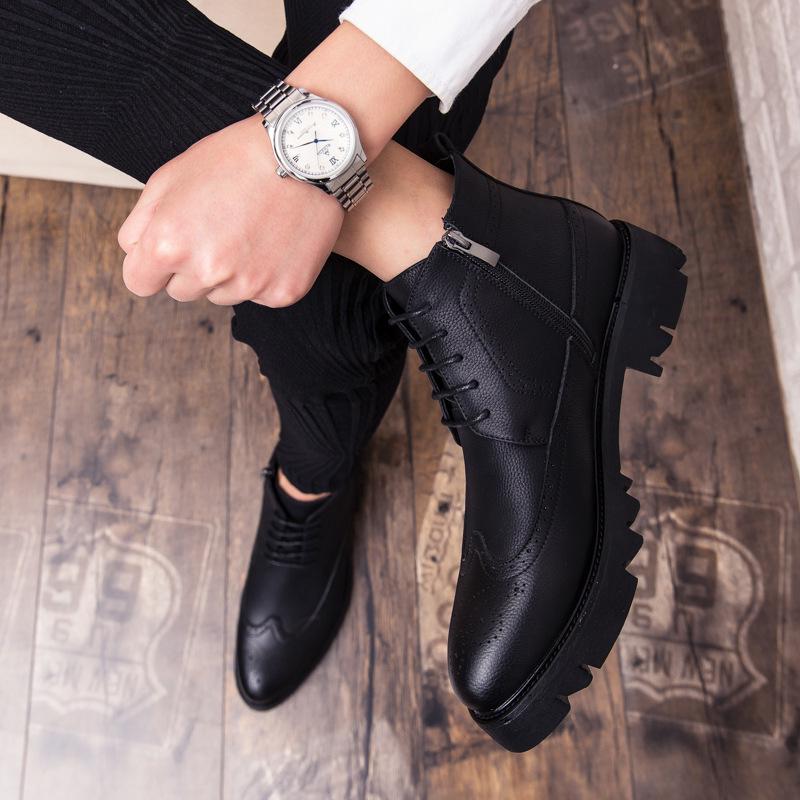 Men's British High-Top Brogue Leather Boots: Trendy, Versatile, and Height-Increasing for Business Casual