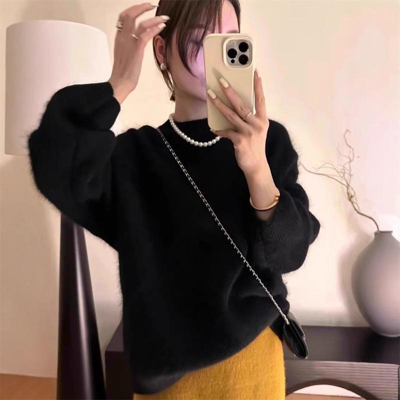 

Премиальный пушистый норковый флис, пуловер с круглым вырезом, женский тренд, осень и зима, новый мягкий ворсистый вязаный свитер топ для улицы One Size чёрный