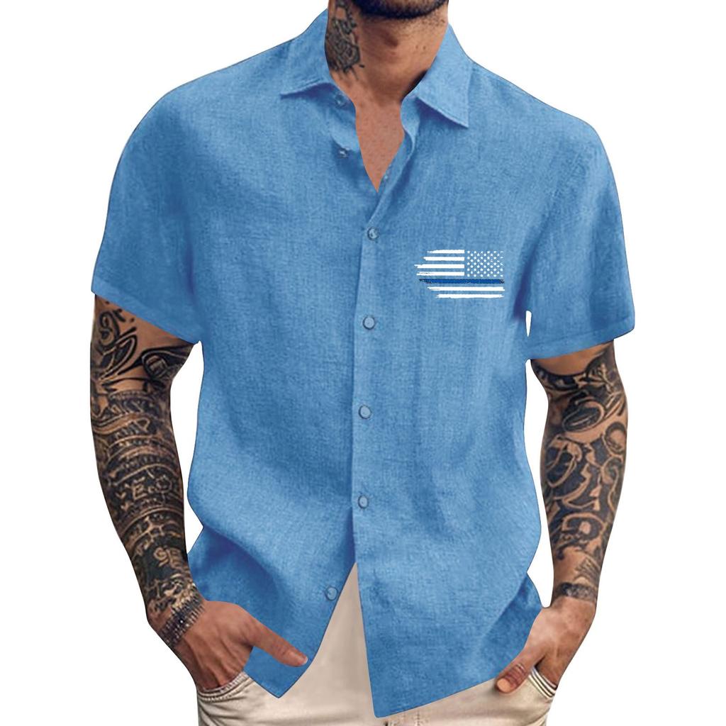 Men'S Casual Loose Short Sleeved Printed Shirt With Fashionable Lapel Top