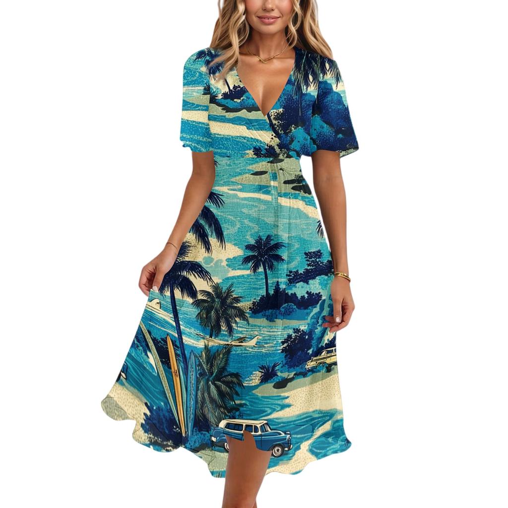 Women's Fashion Casual V Neck Short Sleeve Ruffled Vintage Printed Dresses