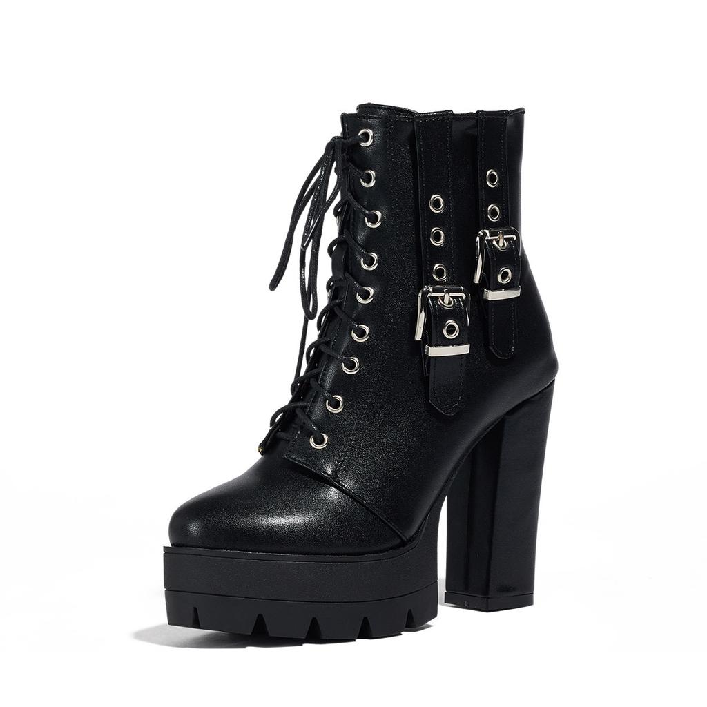Autumn and Winter Supply Fashionable Super High Heel Thick-soled Large-size Versatile Lace-up Low Boots