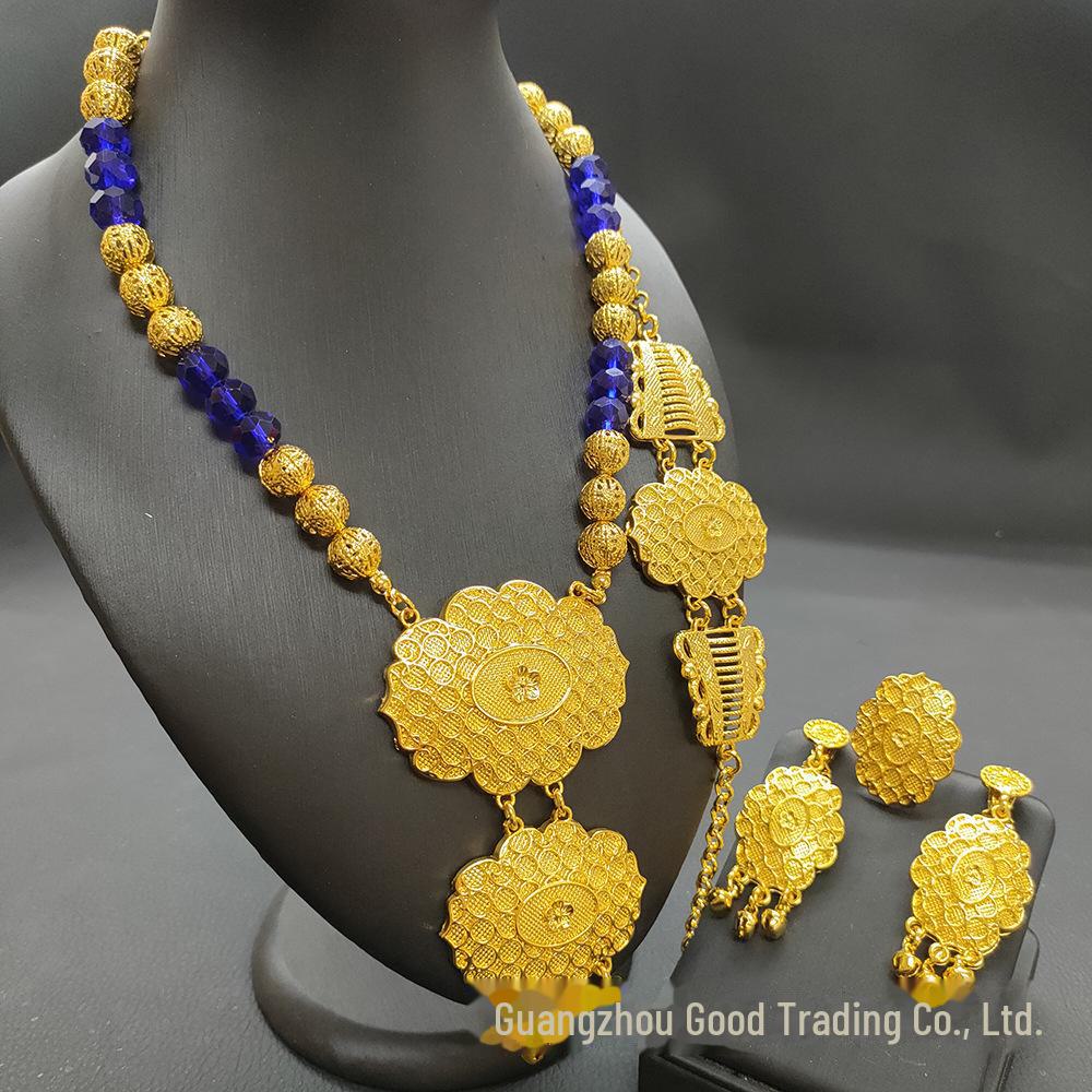 

Комплект африканских украшений Dubai Bride с позолотой 24 карата: Ожерелье, браслет, серьги и кольцо