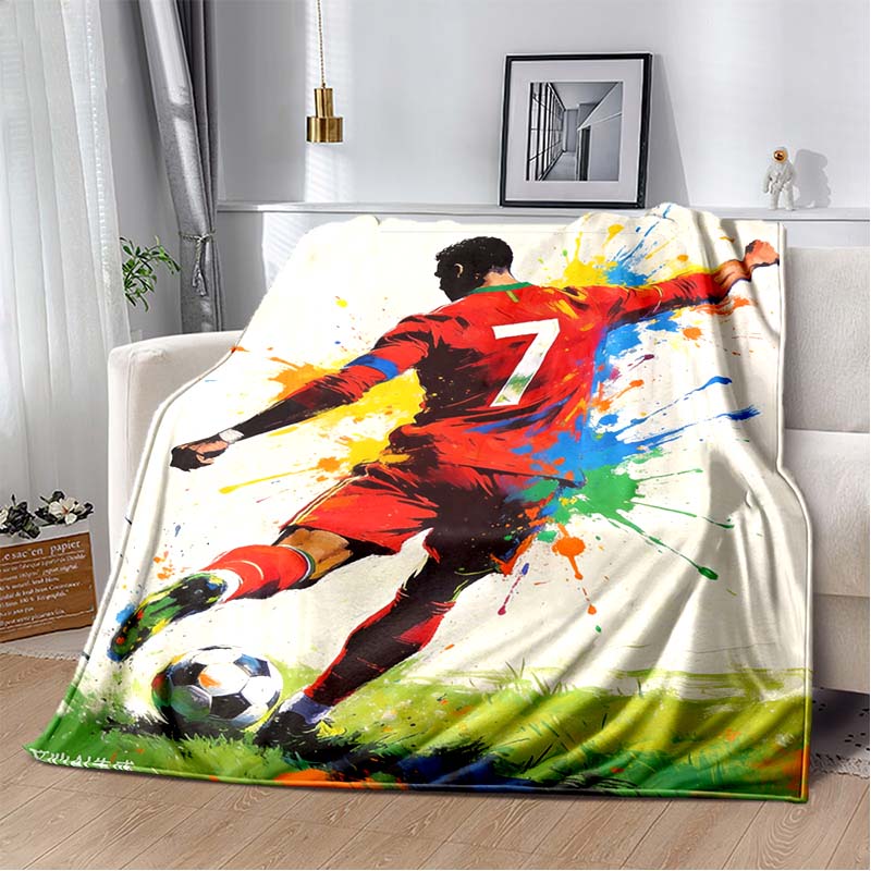 Number 7 Football Player Red Jersey Color Splash Print Flannel Blanket Soccer Athlete Green Grass Field Soft Throw Blanket Sofa Bedroom Decor Blanket
