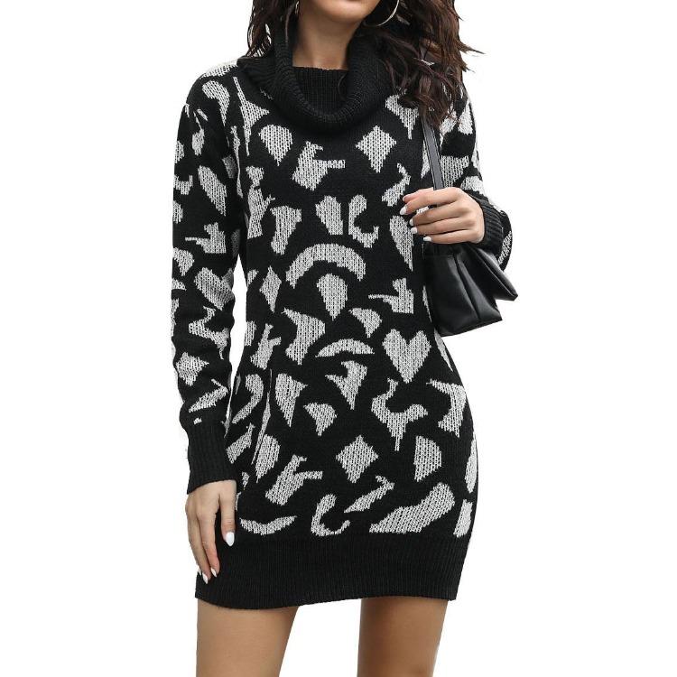 Women Casual Leopard Print Knit Sweater Dress Spring Fall Loose Waist Straight Collar Full Sleeve Above Knee Mini S-L