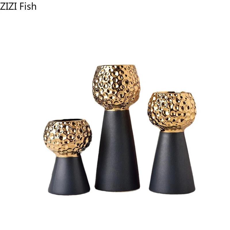 Gold-plated Hammer Pattern Ceramic Vase Creative Plant Pots Table Decoration Flower Arrangement Floral Vase Room Aesthetic Decor