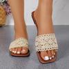 Sexy Knitted Lace Strap Breathable Slides Square Toe Flat Heel Slip On Sandals Women Summer Light Weight Beach Slippers