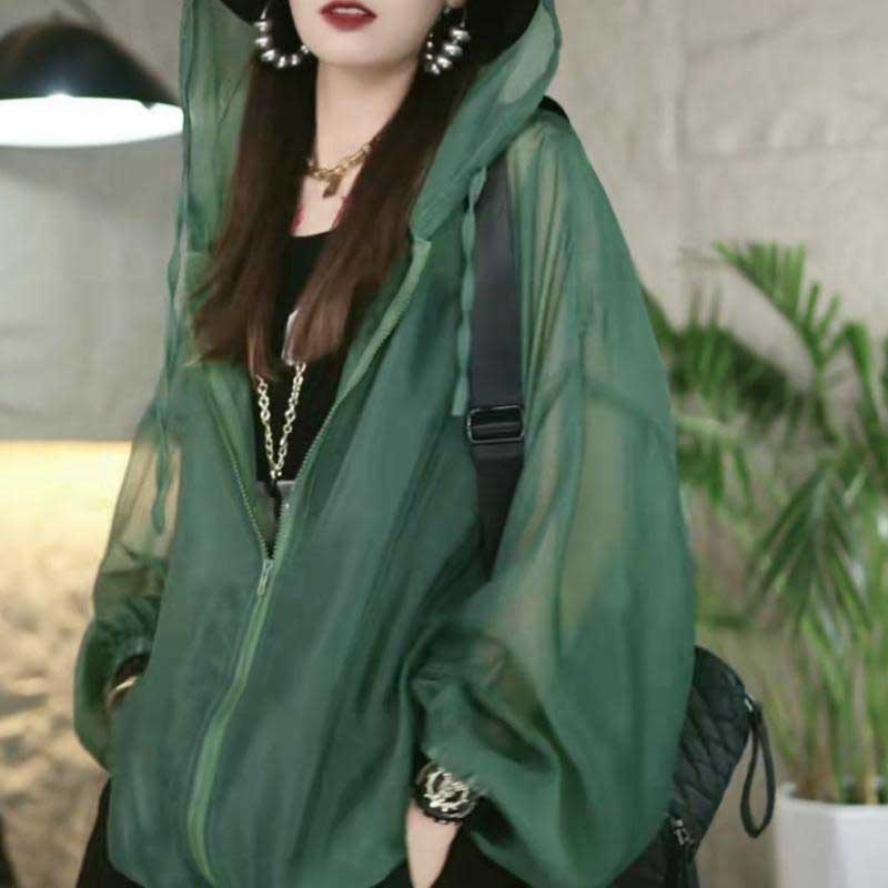 Hooded Drawstring Design Sense Summer Simple Casual Fashion Solid Color Pearlescent Light Breathable Sunscreen Clothes