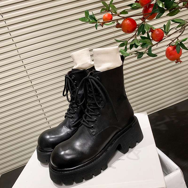 Krazing Pot Kuskinn Høst Vinter Sko Rund Tå Medium Hæler Snøring Motorsykkelstøvler Dame Ankelstøvletter
