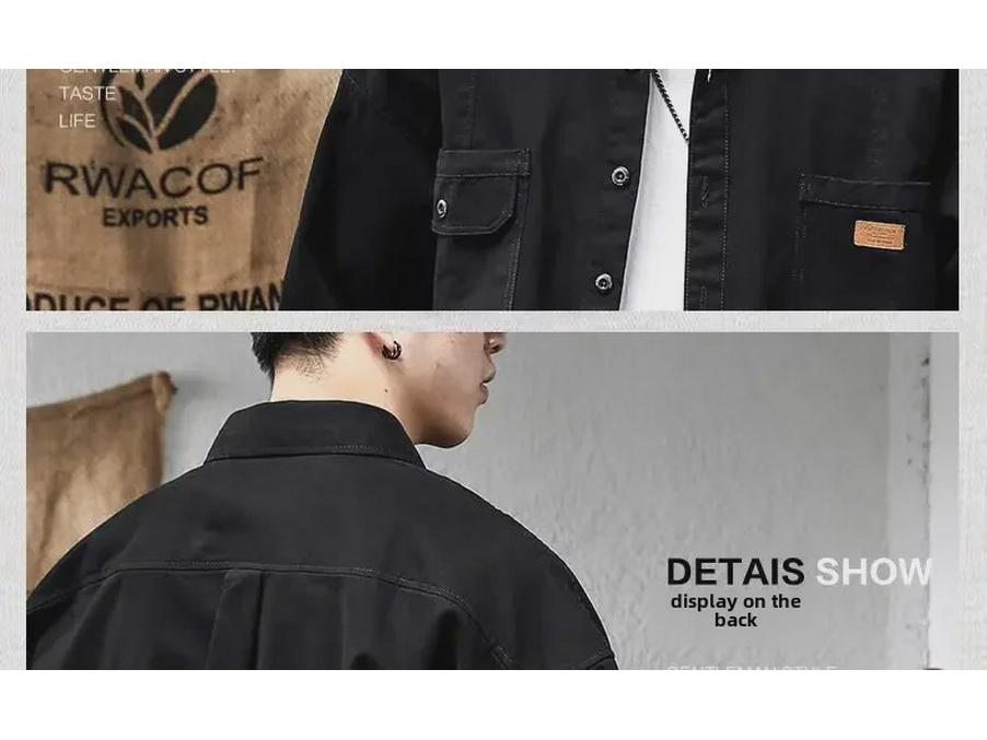 Men's American Retro Black Heavy Workwear Shirt - Spring & Autumn Fashion Jacket